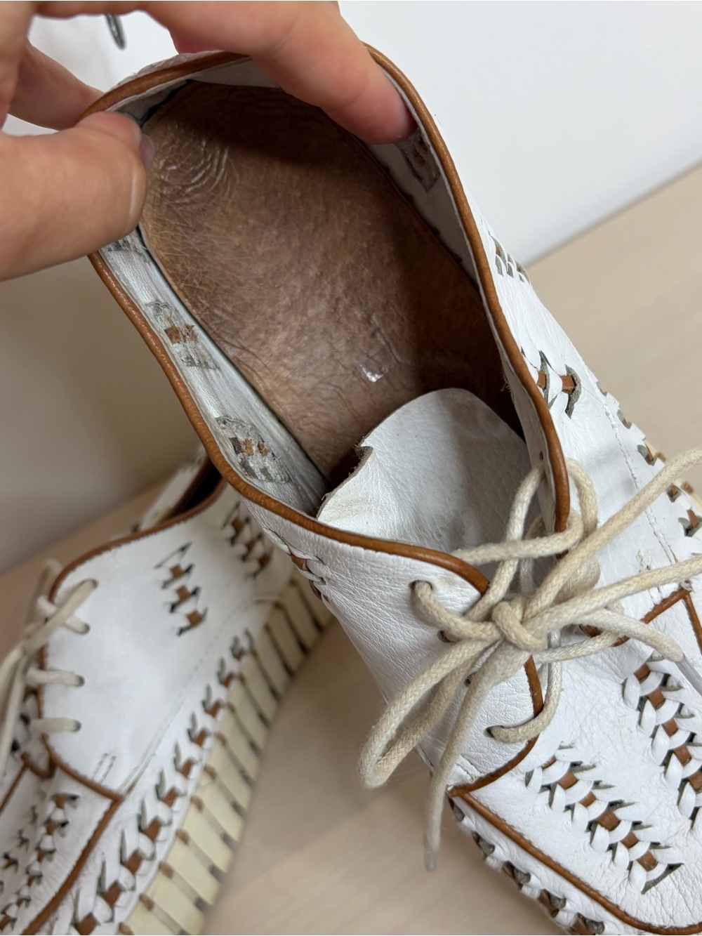 White Woven Platform Lace-Up Sneaker with Tan Trim - Picture 12 of 12